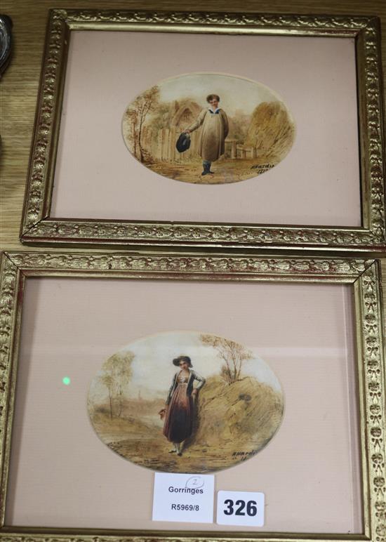 H. Harding?, two watercolours with bodycolour, portraits of a farmer and a lady, signed and dated 1819, oval 10 x 13.5cm